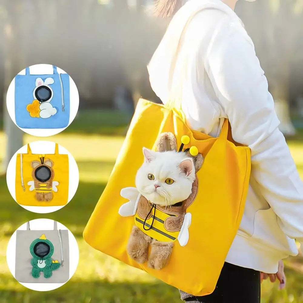 Yellow Bee PeekaBag worn crossbody, with the Bunny and Bee designs shown alongside