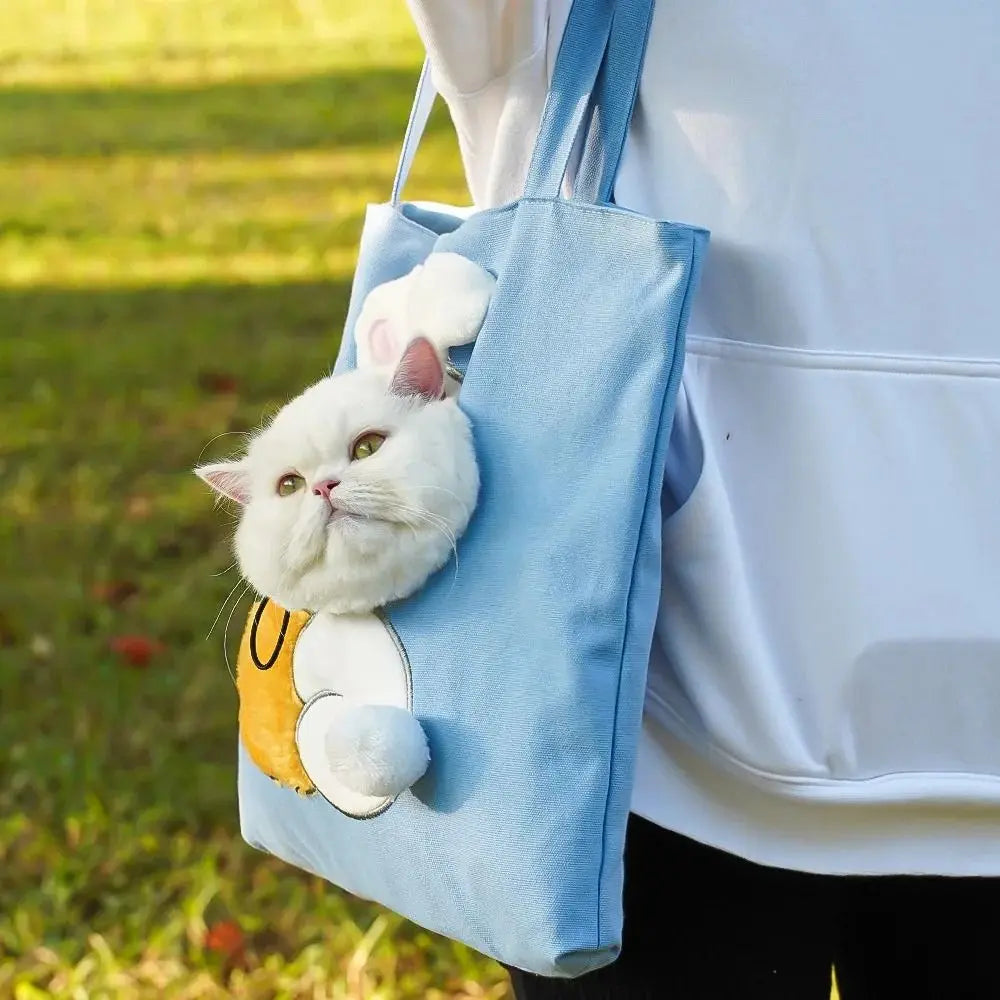 Blue Bunny PeekaBag with a white cat wearing the bunny-ear costume