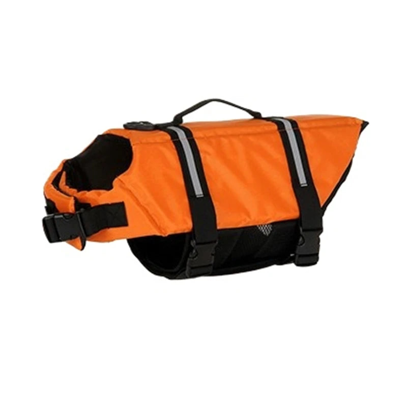 Wuffy SafeSwim dog life jacket in Orange, side view with rescue handle and reflective strips