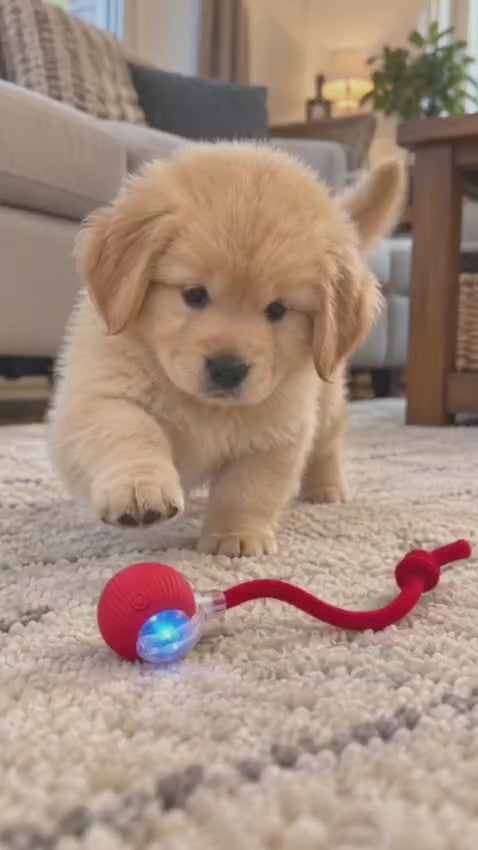 Golden retriever puppy chasing the red Wuffy ZoomBall as it rolls across a rug with its blue light glowing
