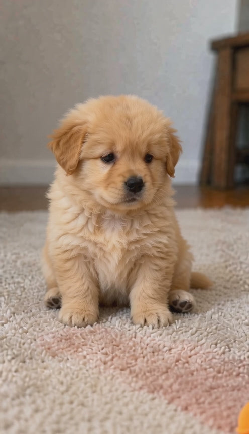 Puppy carrying the Wuffy SnoozeDuck plush duck toy across the room