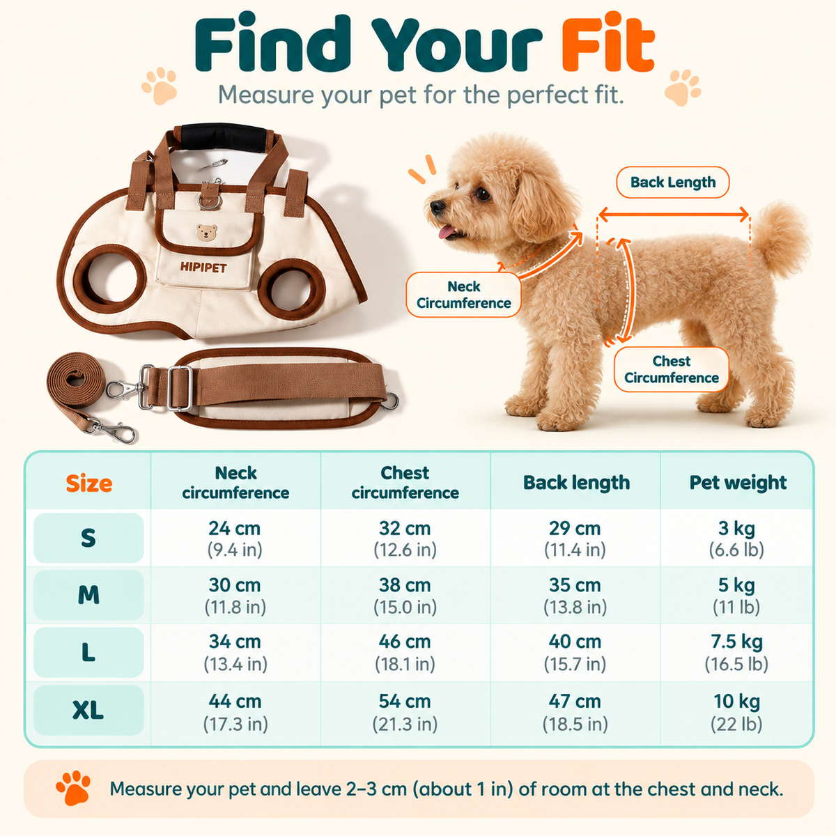 Wuffy DayTrip size chart: neck, chest, back length and weight for sizes S, M, L and XL