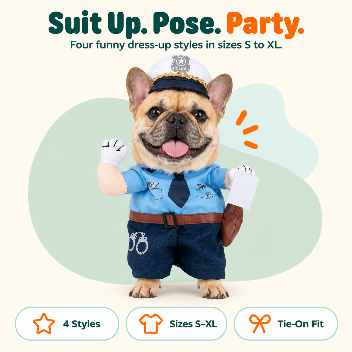 French Bulldog in the Wuffy CosPup Officer Pup dog costume with police cap, plush arms and ticket