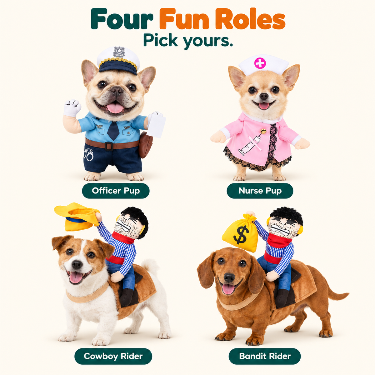 Wuffy CosPup dog costume in four styles: Officer Pup on a French Bulldog, Nurse Pup on a Chihuahua, Cowboy Rider on a Jack Russell and Bandit Rider on a Dachshund