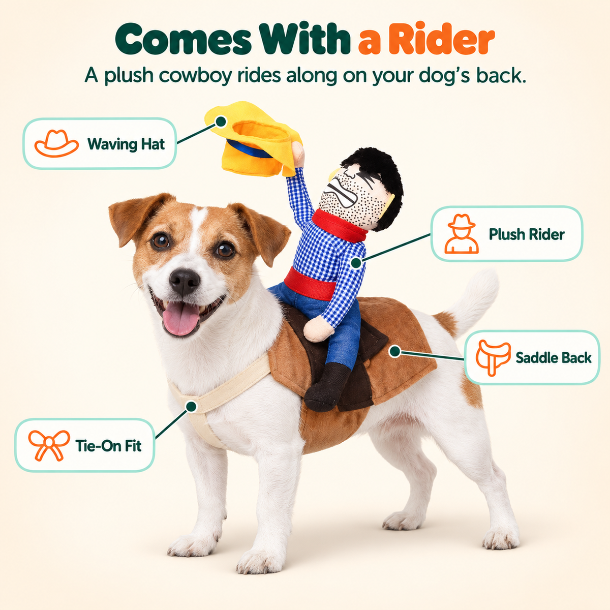 Jack Russell Terrier in the Wuffy CosPup Cowboy Rider dog costume with a plush cowboy waving his hat on a saddle