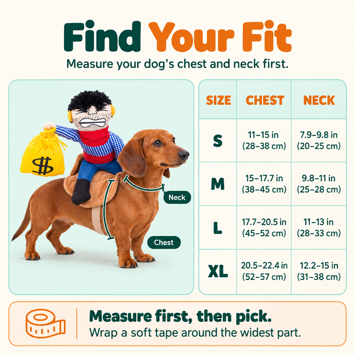 Wuffy CosPup dog costume size guide on a Dachshund in the Bandit Rider style: chest 11 to 22.4 in, neck 7.9 to 15 in, sizes S to XL