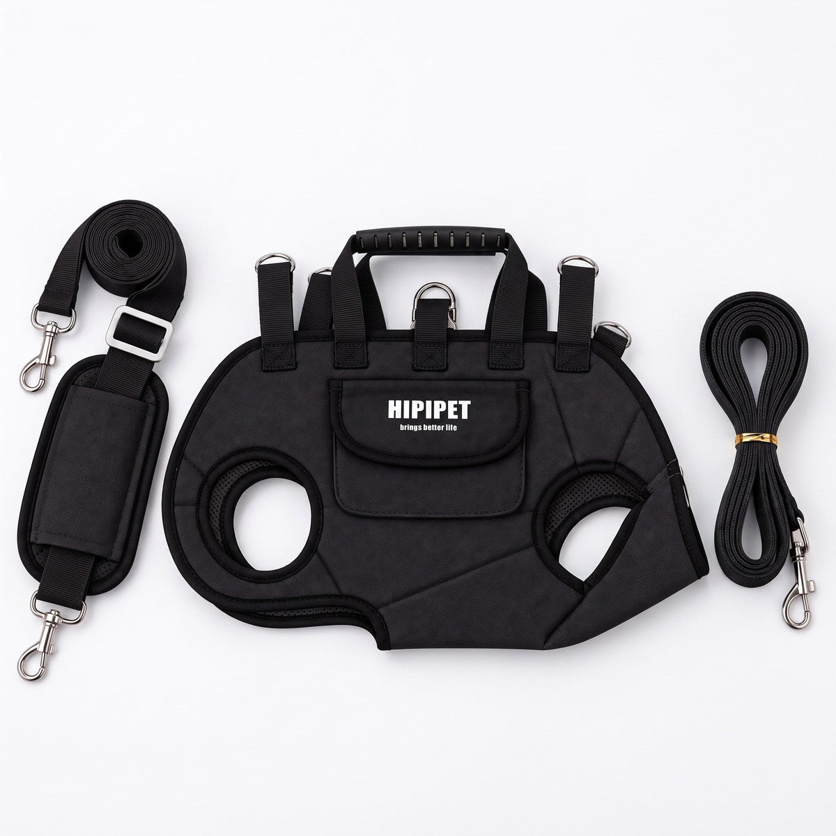 Wuffy DayTrip wearable pet carrier in Leo Black with padded shoulder strap, crossbody strap and matching leash