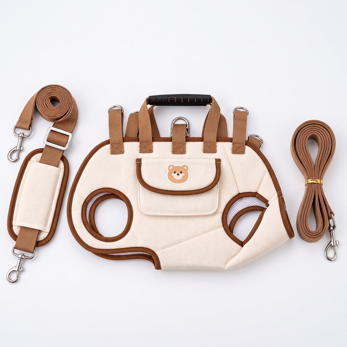 Wuffy DayTrip wearable pet carrier in Lomi Brown with padded shoulder strap, crossbody strap and matching leash