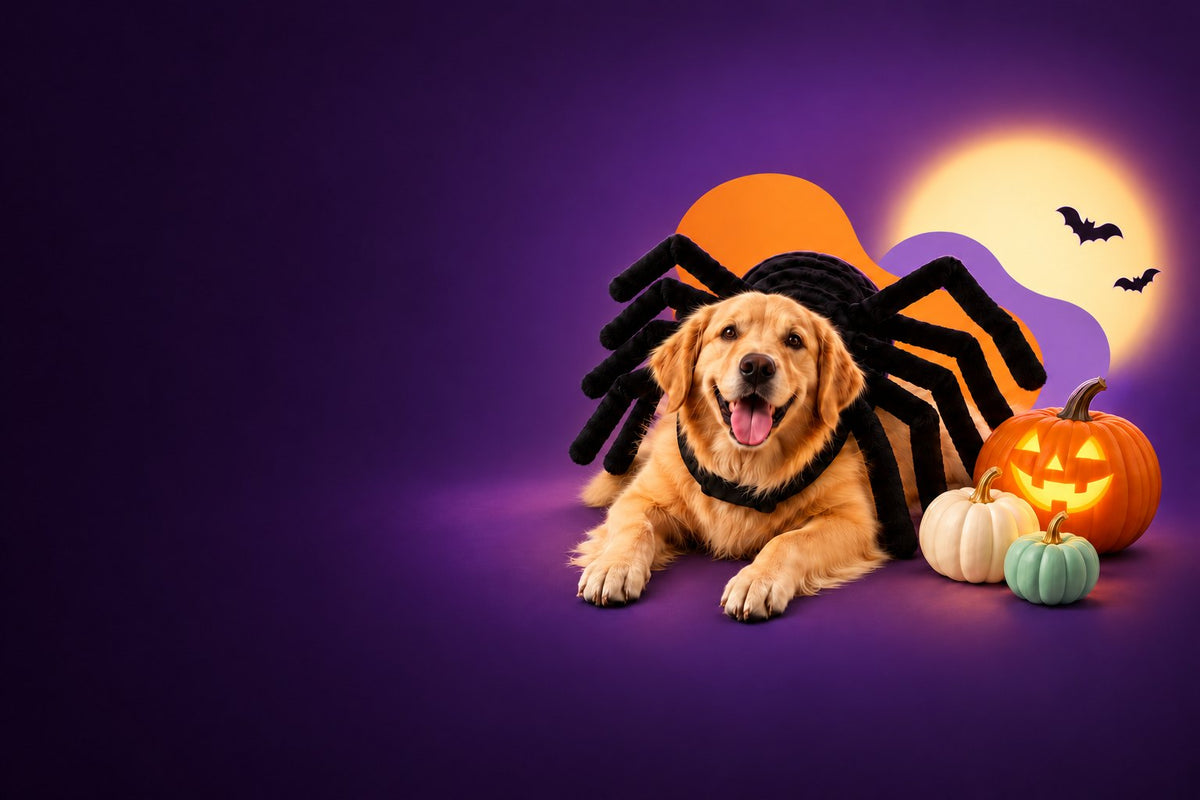 Golden retriever wearing the Wuffy Creepy Crawler spider costume at night, next to a glowing jack-o'-lantern under a full moon