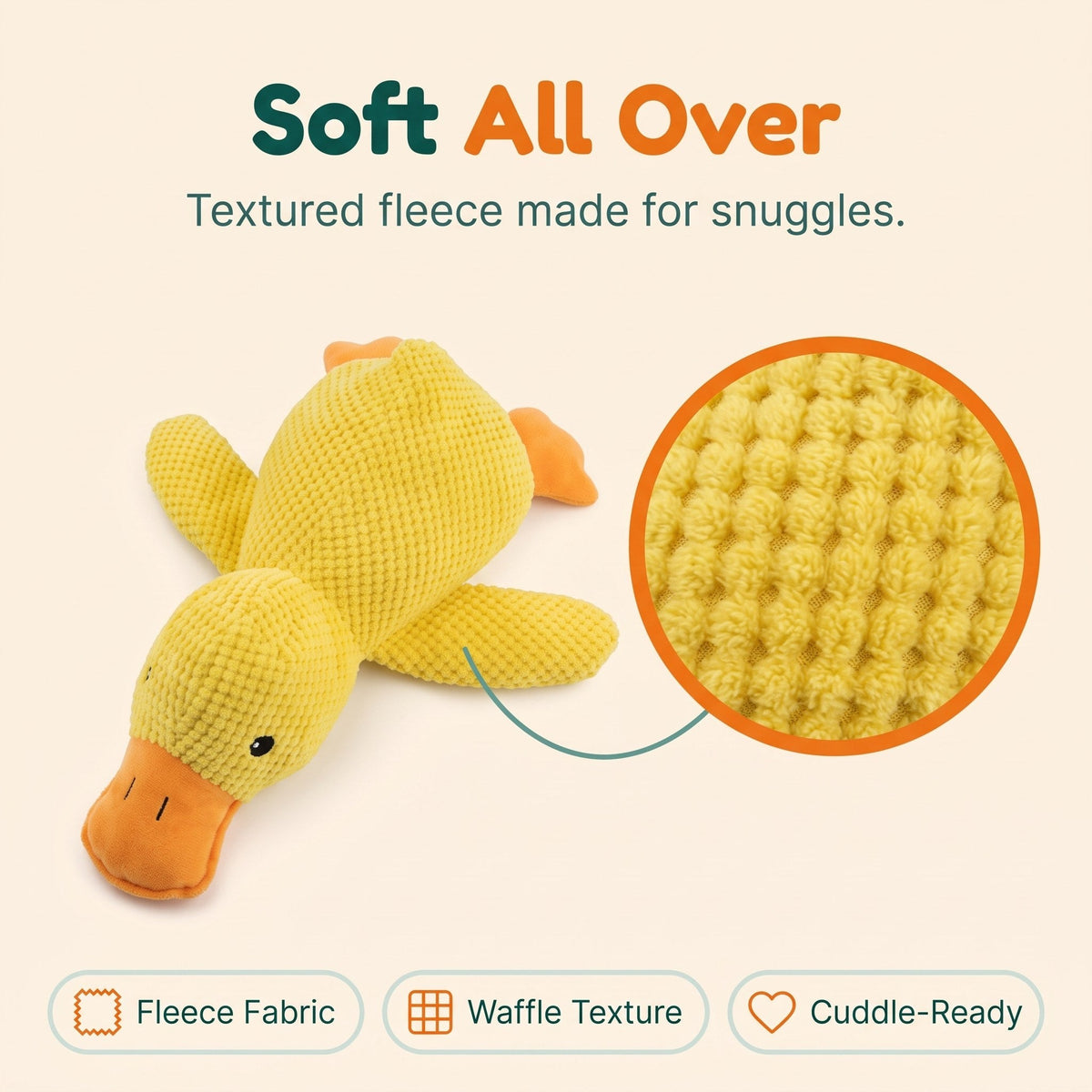 Close-up of the waffle fleece texture on the Wuffy SnoozeDuck plush duck dog toy