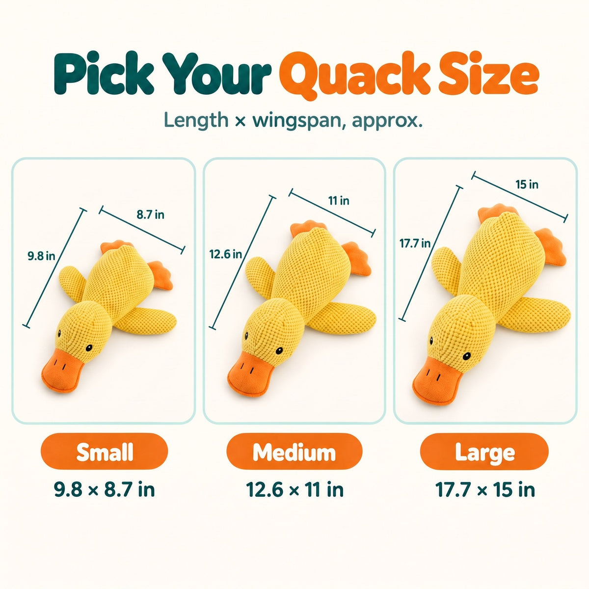 Wuffy SnoozeDuck size chart: small 9.8 in, medium 12.6 in and large 17.7 in plush duck dog toy