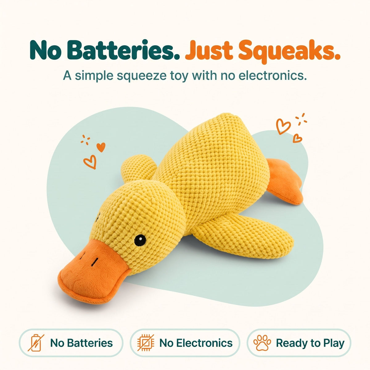 Wuffy SnoozeDuck plush duck dog toy squeaks with no batteries and no electronics inside