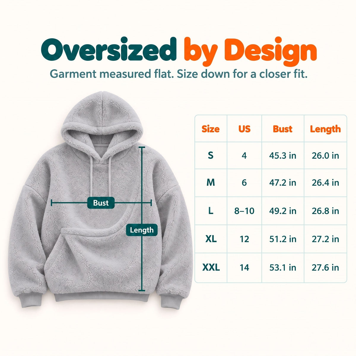 Wuffy SnuggleHood size chart from S to XXL, bust 45.3 to 53.1 inches and length 26 to 27.6 inches