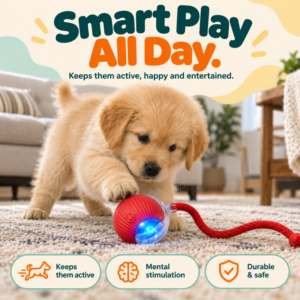 Golden retriever puppy pawing the red Wuffy ZoomBall self-rolling LED chase toy on a living room rug