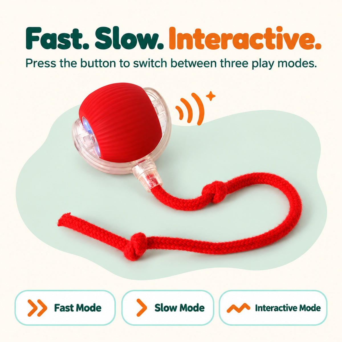 Wuffy ZoomBall self-rolling chase toy with its three play modes: fast, slow and interactive