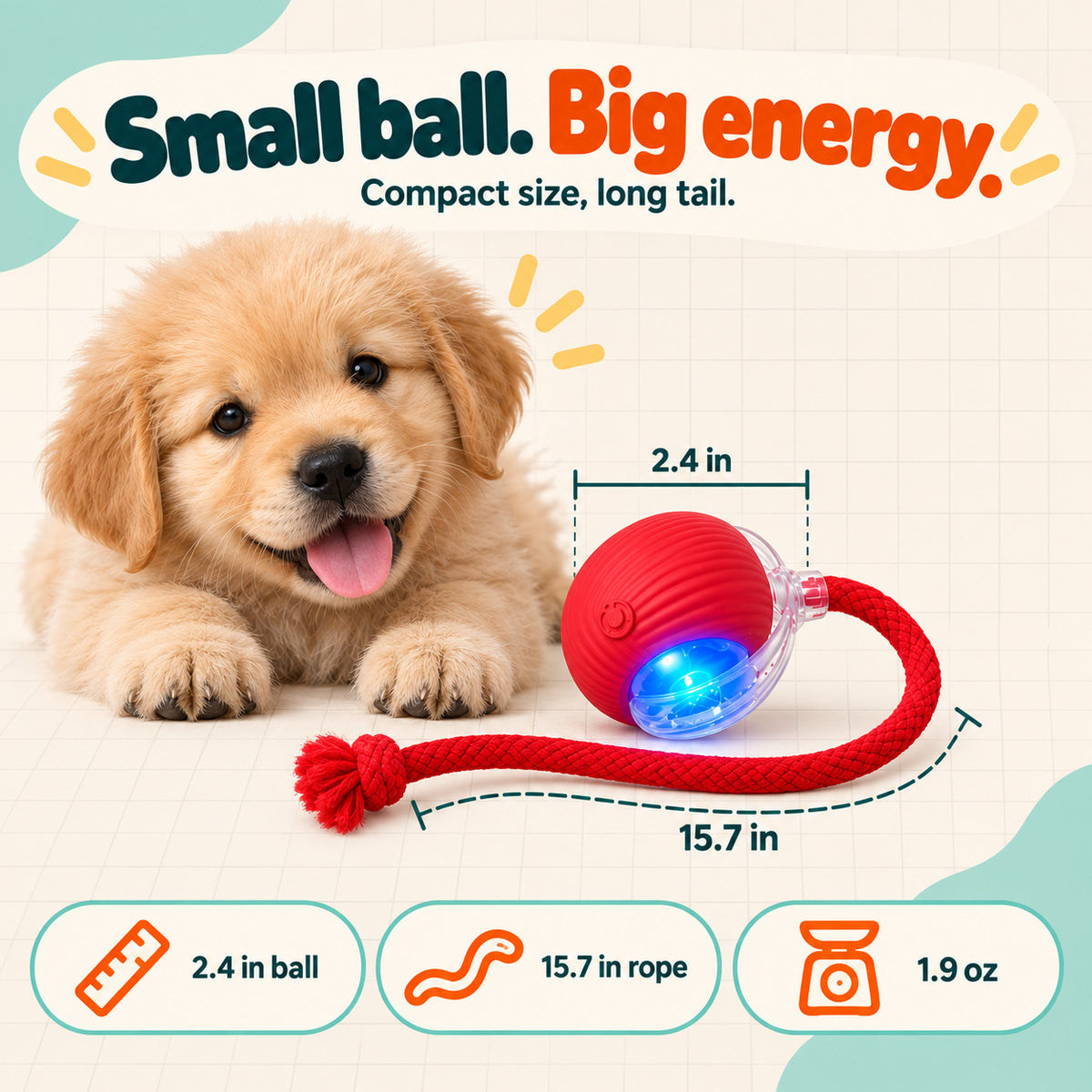 Wuffy ZoomBall size chart: 2.4 in ball with a 15.7 in elastic rope next to a golden retriever puppy