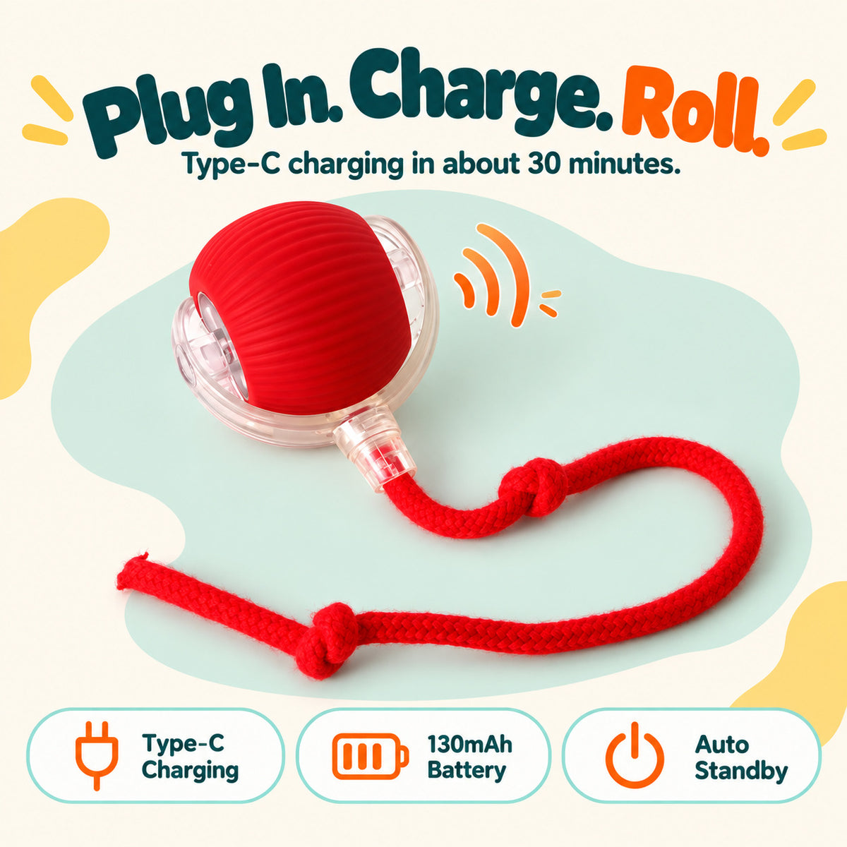 Red Wuffy ZoomBall rechargeable chase toy with Type-C charging, built-in 130mAh battery and auto standby